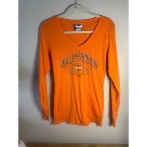 Harley Davidson Orange Long Sleeve V Neck Tee Shirt Womens Size‎ L Lakeville MN